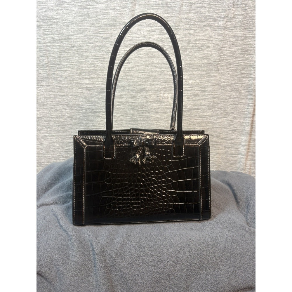 Vintage Y2K Liz Claiborne Black Faux Croc Satchel Handbag Bow Tassel Mini Bag